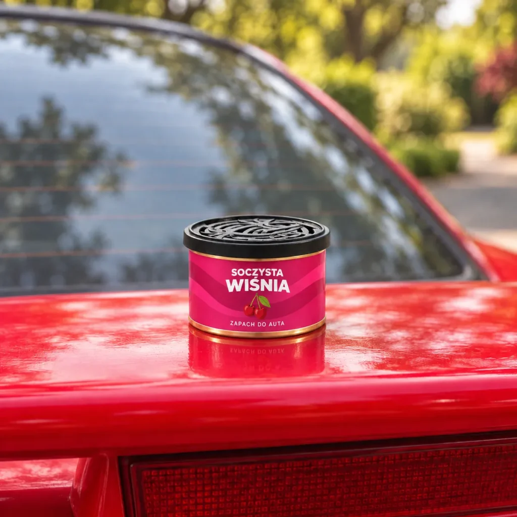 Autoduft-Dose Saftige Kirsche mit rosa Etikett auf dem roten Spoiler eines Autos