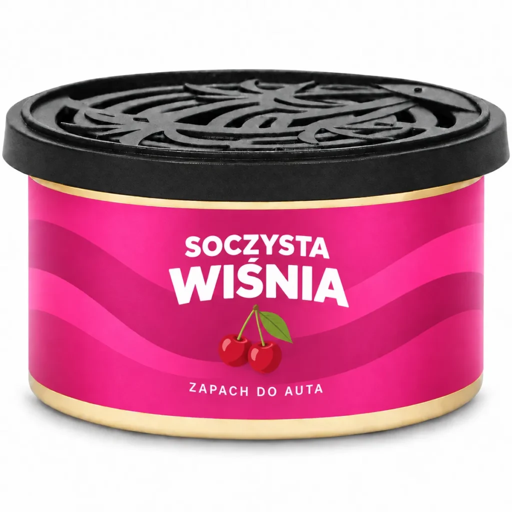 Autoduft-Dose Saftige Kirsche mit rosa Etikett und Kirsch-Illustration auf weißem Hintergrund